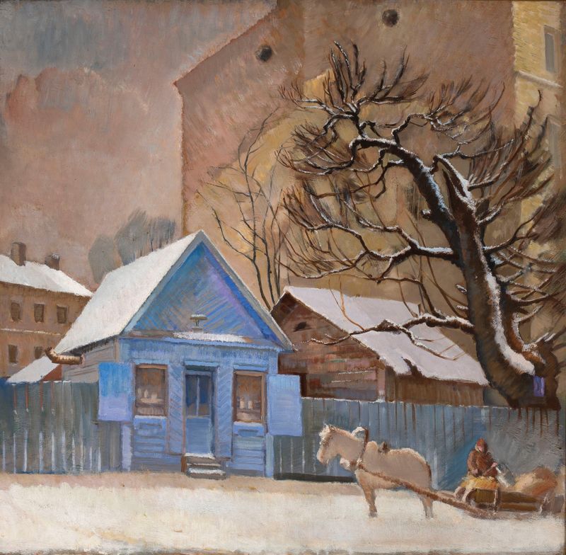 Blue house in winter, oil on canvas by Michał Rouba