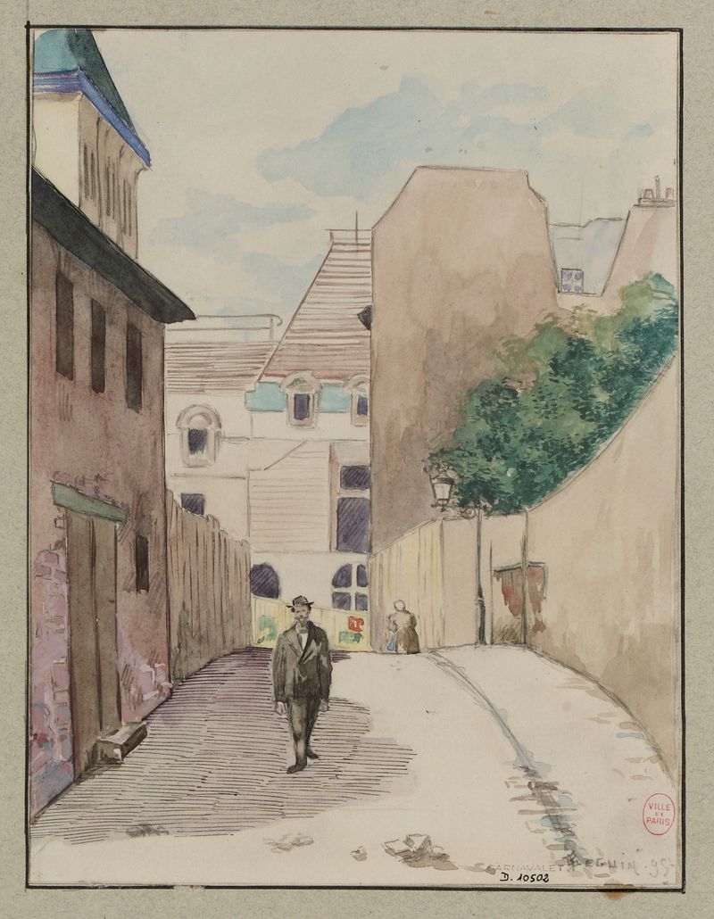 Rue du Cimetière Saint Benoit by F. Séguin, oil on canvas depicting a cobbled street.