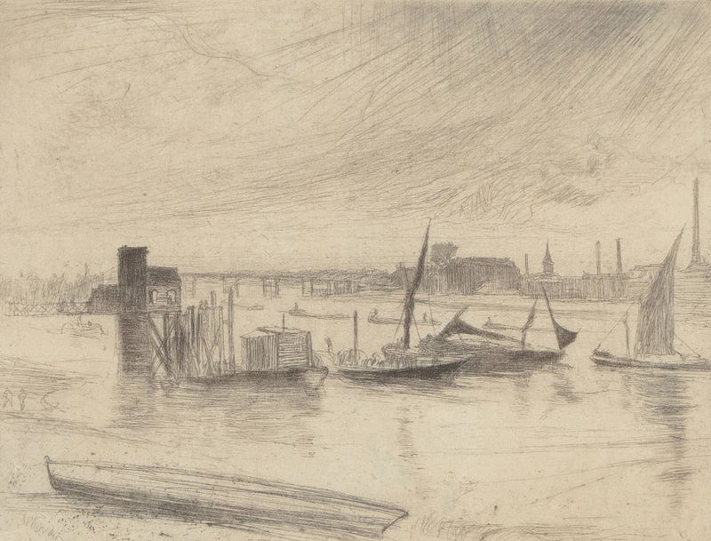 Early Morning, Battersea de James Abbott McNeill Whistler, óleo que representa un paisaje tranquilo al amanecer.