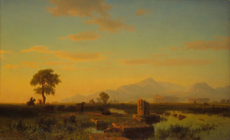 Ruins of Paestum de Albert Bierstadt, pintura a óleo que retrata colunas antigas iluminadas pela luz dourada.
