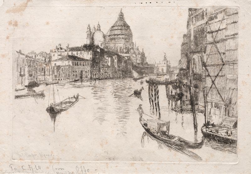 Watercolour by Otto Henry Bacher depicting the Entrance to Grand Canal with vibrant reflections and light.