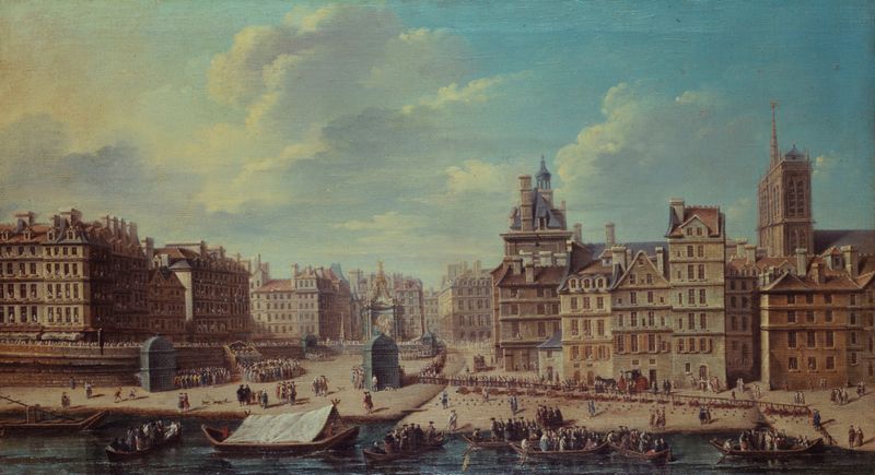 Historical oil painting by Nicolas Jean-Baptiste Raguenet depicting a festive crowd in a square.