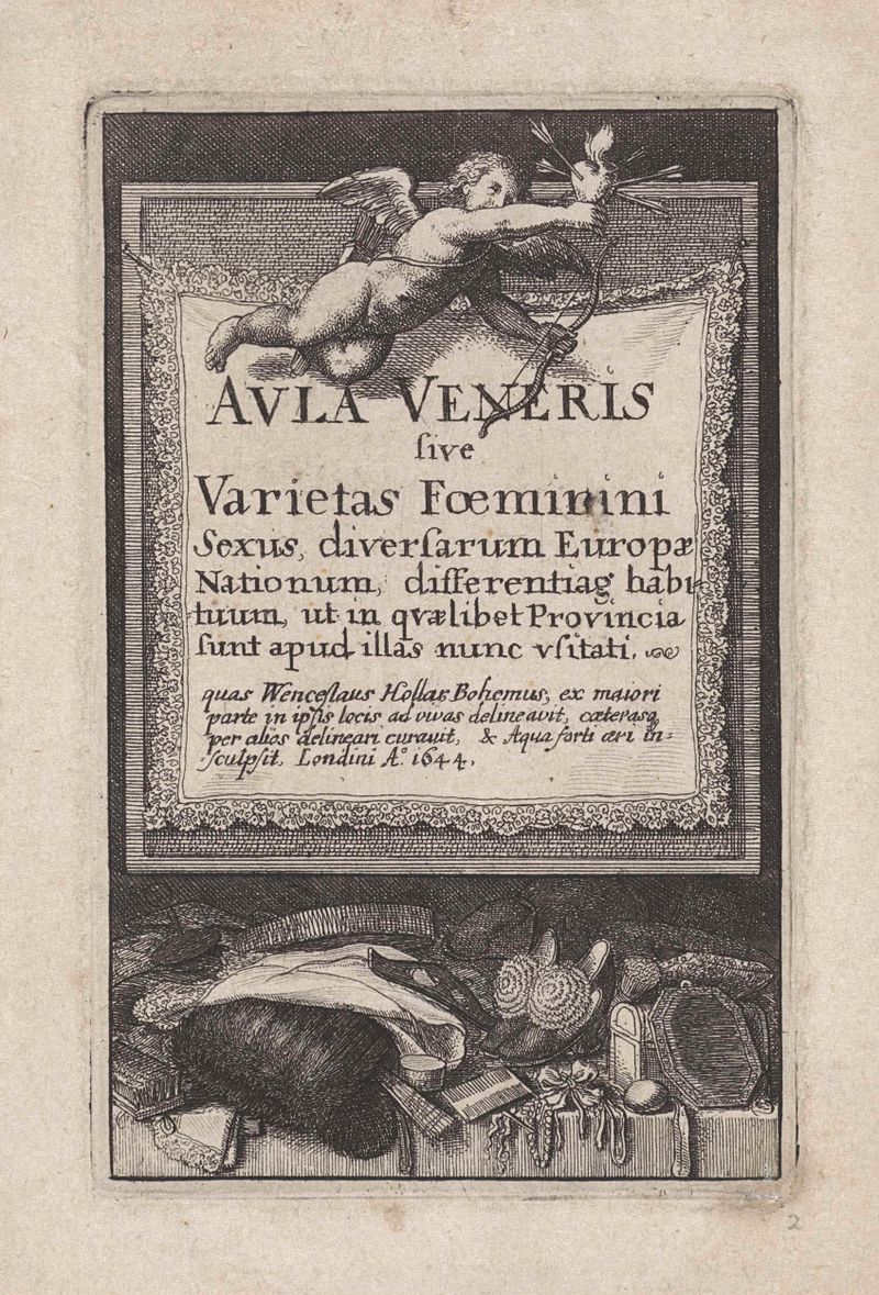 Aula Veneris grabado de Wenceslaus Hollar que representa figuras mitológicas y arquitectura.