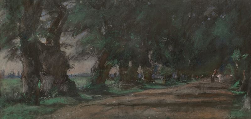Landscape featuring a path through a forest with dappled light, by Joseph Frank Currier.