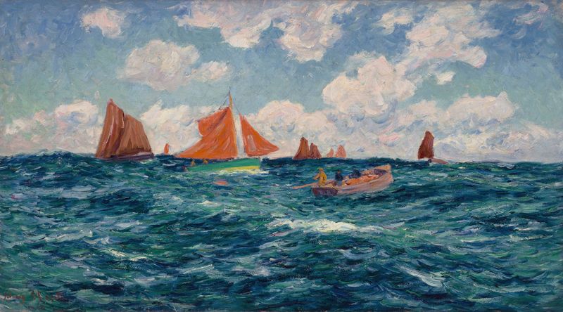 Pêcheurs au large by Henry Moret, depicting fishermen battling waves, oil painting
