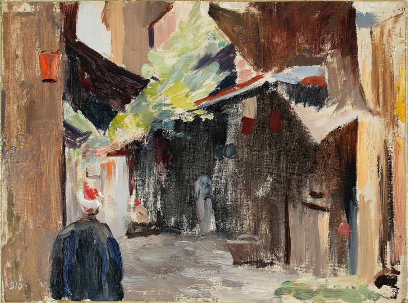 Bazaar in Istanbul de Jan Ciągliński, pintura a óleo que retrata um mercado vibrante com têxteis.