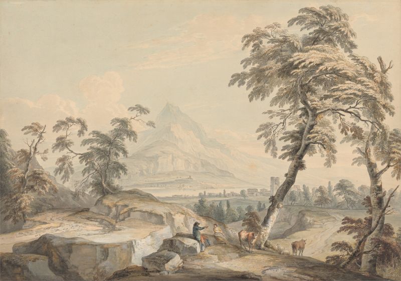 Paisagem italianizante com viajantes, pintura a óleo de Paul Sandby