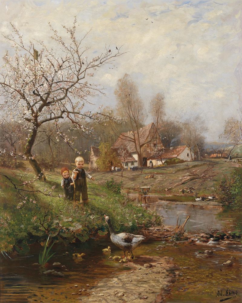 Romanticism landscape featuring two children and geese by Adolf Lins