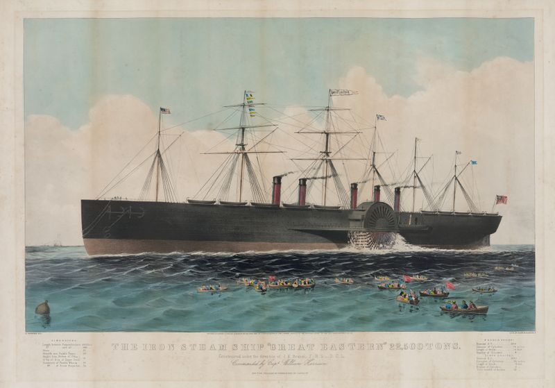 The iron steam ship ‘Great Eastern’, 1858, by Currier & Ives, depicting a large ship navigating the ocean.