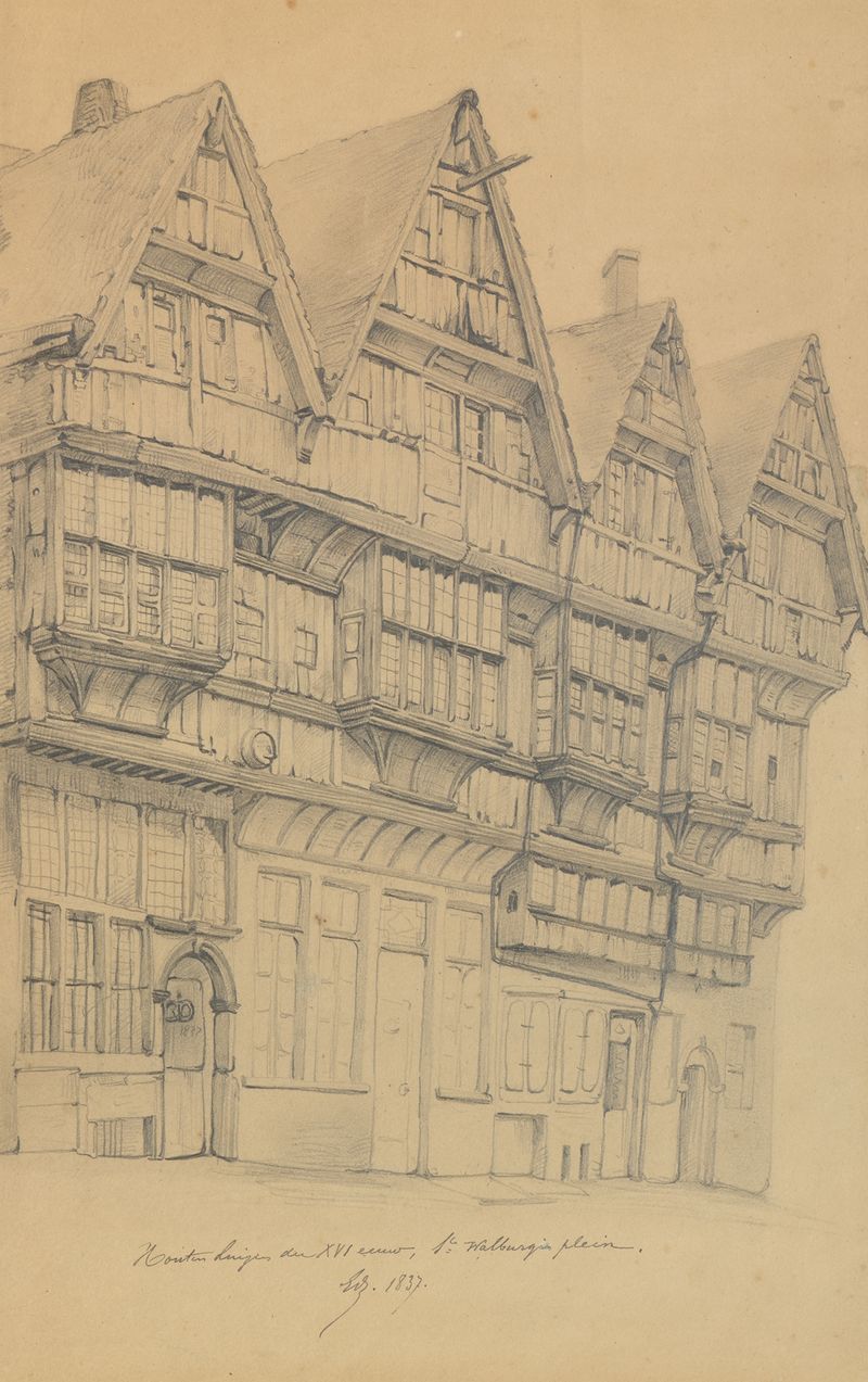 Houten huizen der XVI eeuw, oil on canvas by Edward Dujardin depicting wooden houses and gabled roofs.