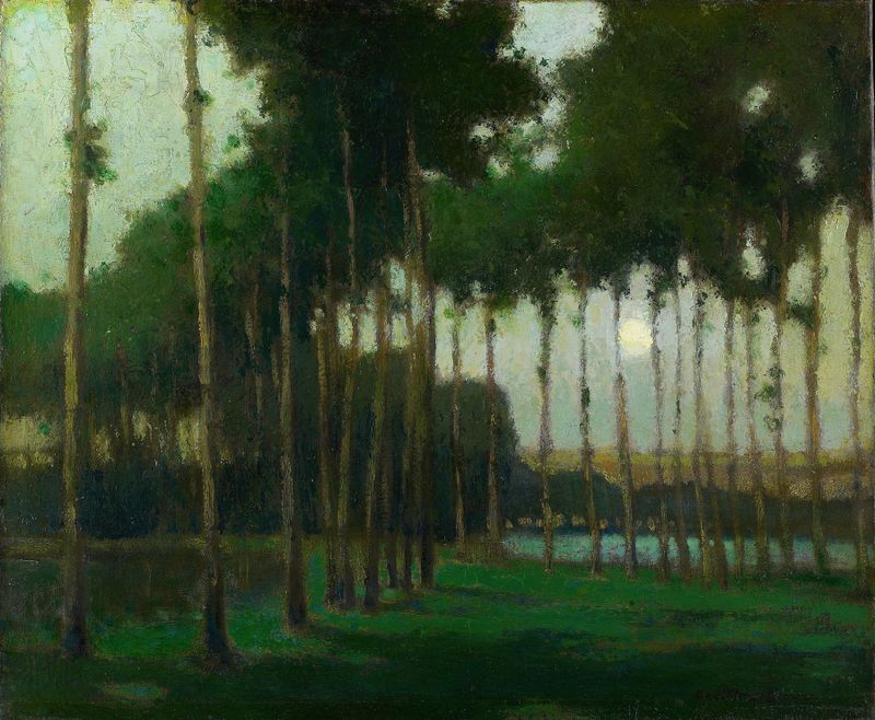 Moonlight Landscape de George Elmer Browne, óleo sobre lienzo que representa un paisaje sereno iluminado por la luna.