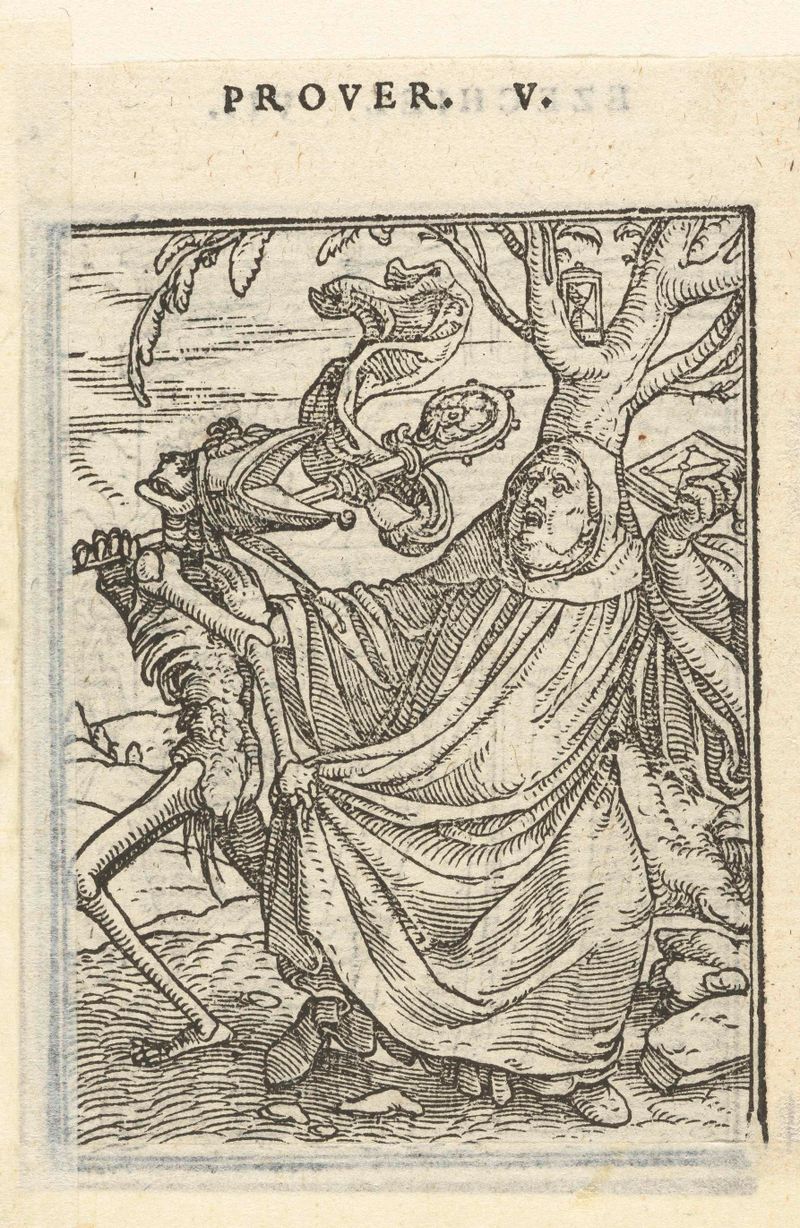 Obra religiosa de Hans Holbein (II), meio em papel, apresentando um bispo e simbolismo da morte.