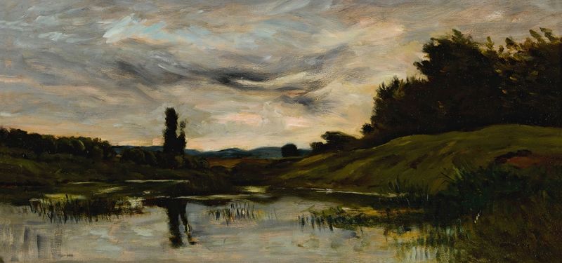 Coucher Du Soleil Sur La Rivière, óleo sobre tela de Charles François Daubigny representando um rio ao pôr do sol.