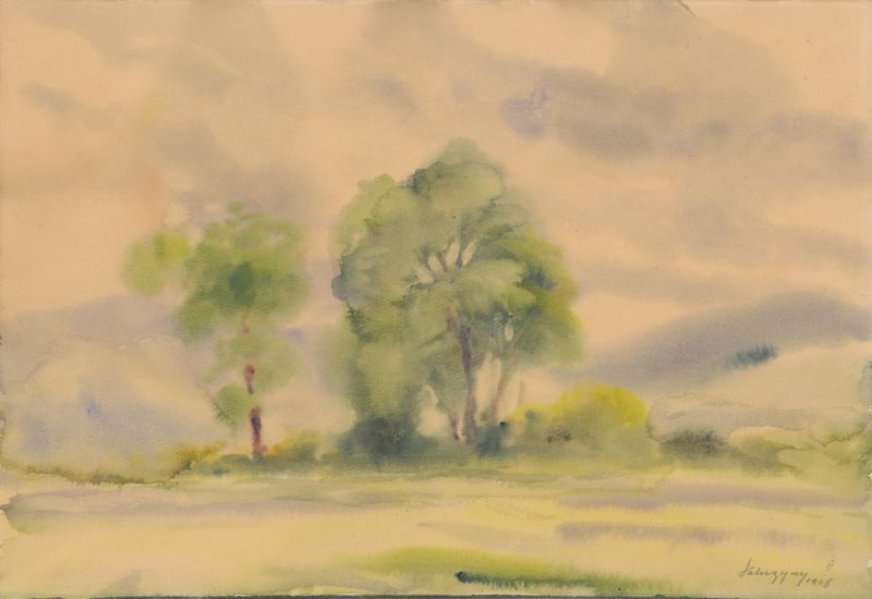 Paisaje con colinas onduladas en colores vibrantes de Zolo Palugyay, Post-Impresionismo