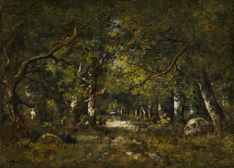Escena del bosque de Narcisse-Virgile Diaz de La Peña, pintura al óleo que muestra frondosa vegetación y luz filtrada.