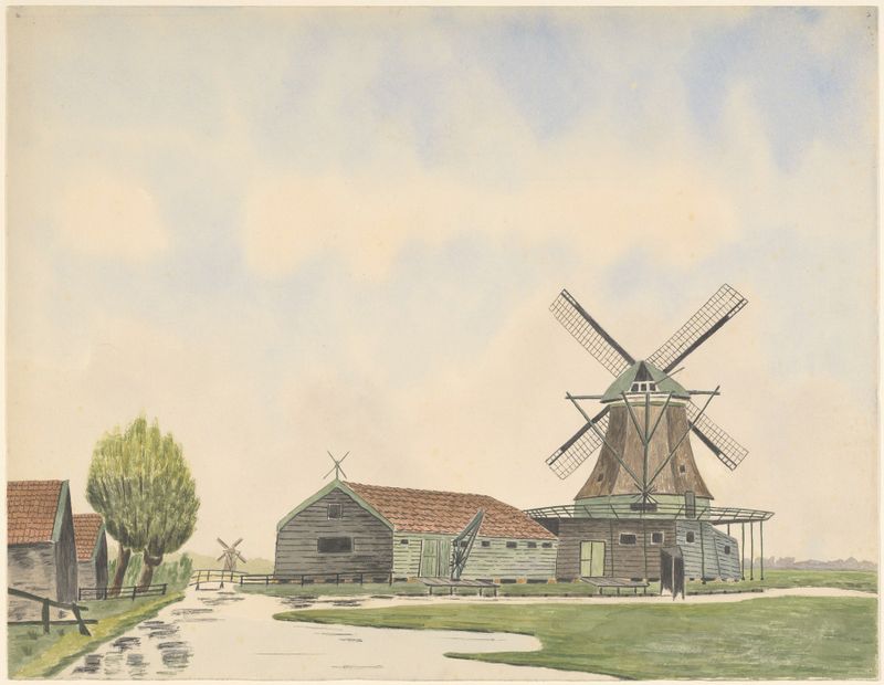 Paisagem com um moinho, pintura a óleo de Johannes Nicolaas Eijman