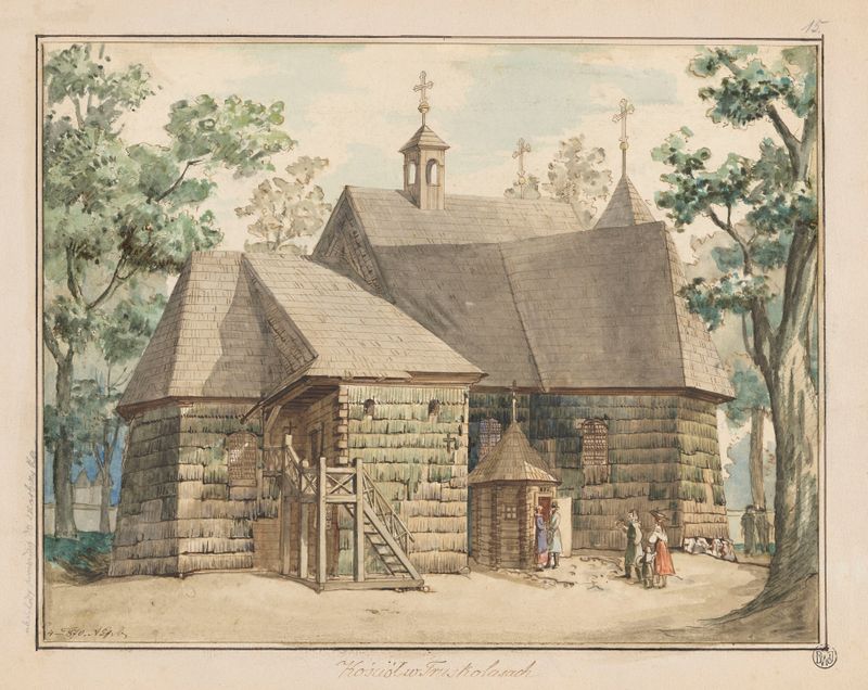 Exterior view of the Church of St Nicholas by Adrian Głębocki, oil painting