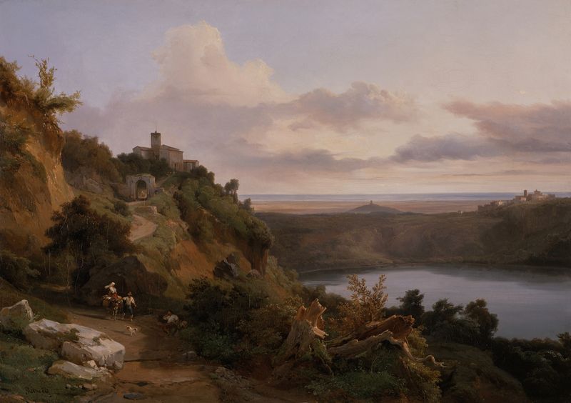 Lake Nemi by Jean-Charles Joseph Rémond, oil on canvas depicting a tranquil lake with reflections and hills.