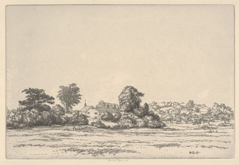 Farm and Meadows de Ernest Haskell, acuarela sobre papel que representa campos exuberantes y colinas onduladas.