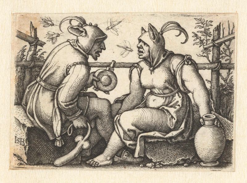 Grabado de Hans Sebald Beham que representa a un hombre y una mujer con atuendos coloridos.