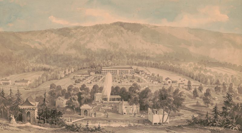 Paisagem de um resort nas montanhas, pintura a óleo de James Fuller Queen