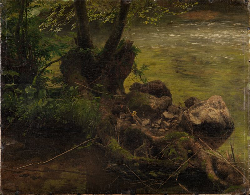 Wurzeln und Steine am Bach de Johann Wilhelm Schirmer, óleo sobre tela representando raízes e pedras à beira de um rio.