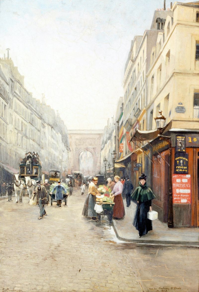 La rue du Faubourg-Saint-Denis de Emile Cambiaggio, óleo impresionista de una vibrante calle de París.