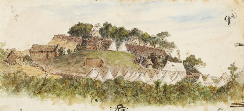 Camp at Pungarehu by George Sherriff, oil on canvas depicting a serene landscape with mountains.
