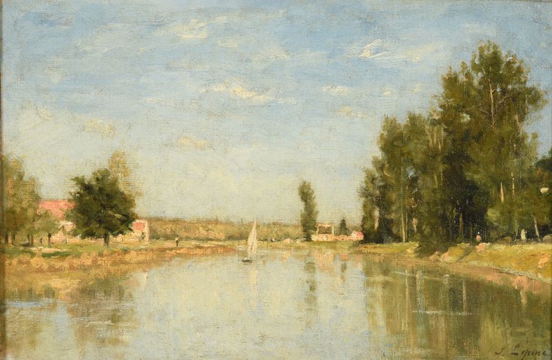 Les Bords de la Marne by Stanislas Lépine, oil on canvas depicting a tranquil river landscape