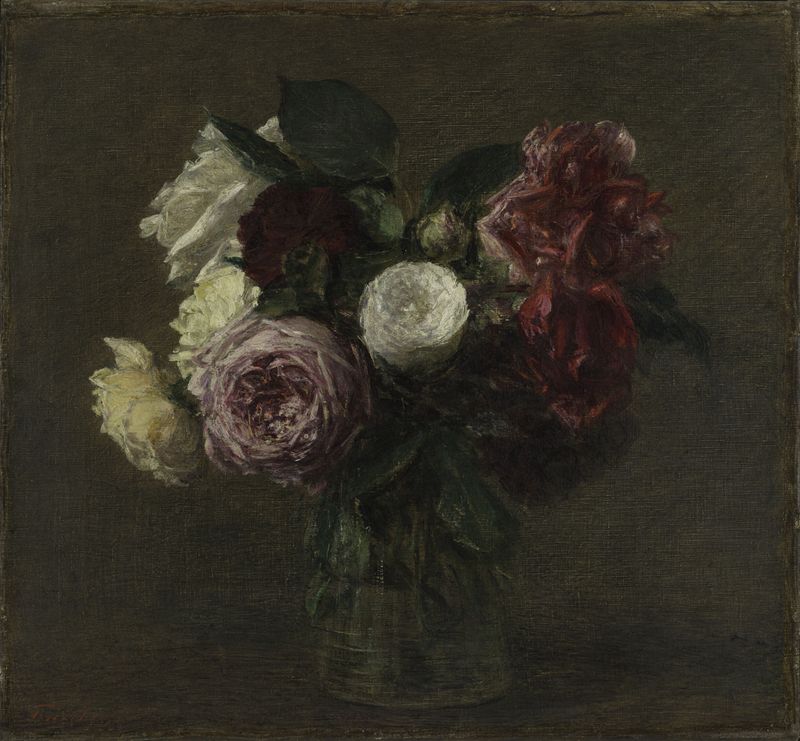 Rosas em um Vaso de Ignace-Henri-Jean-Théodore Fantin-Latour, óleo sobre tela, com flores rosas e brancas.