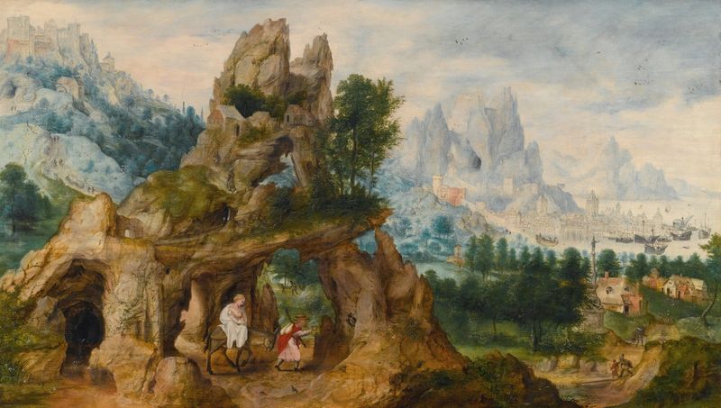 An Extensive Rocky Landscape With The Flight Into Egypt de Herri met de Bles, óleo de uma família em terreno rochoso.