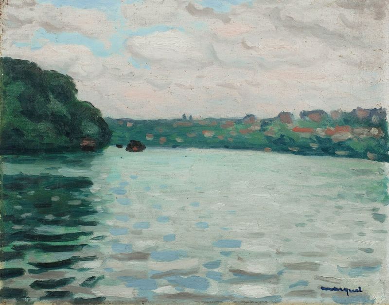 La Seine À La Frette, óleo sobre tela de Albert Marquet, retratando uma serena paisagem de rio.