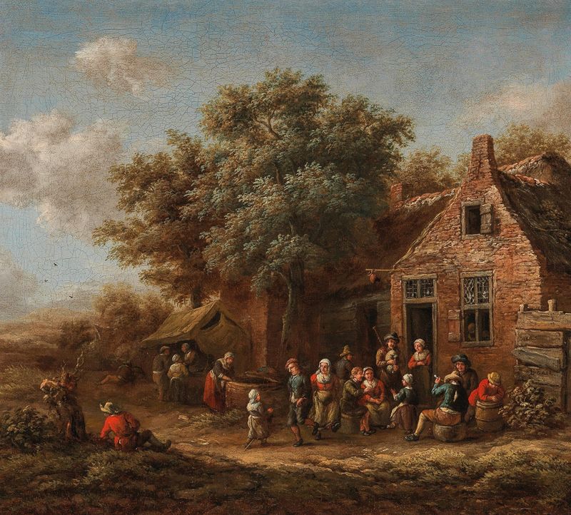 Genre scene of a lively gathering at a village inn, oil painting by Barent Gael.