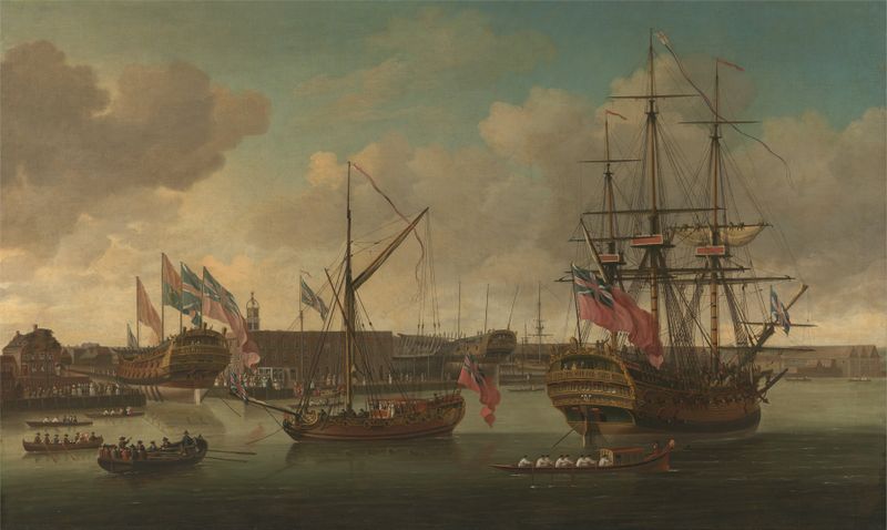 Launching at Deptford, oil on canvas by John Cleveley the elder, depicting a ship ready for launch.