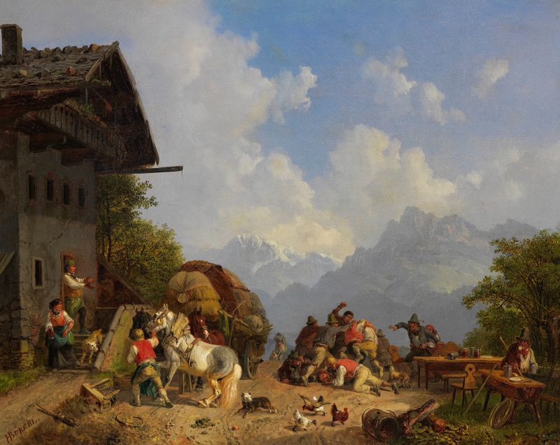 Rauferei vor dem Wirtshaus by Heinrich Bürkel, oil painting depicting two men in conflict outside a tavern.