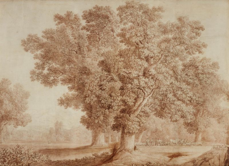 Landschaft bei San Lorenzo, óleo sobre tela de Jacob Philipp Hackert, retratando colinas suaves e natureza.