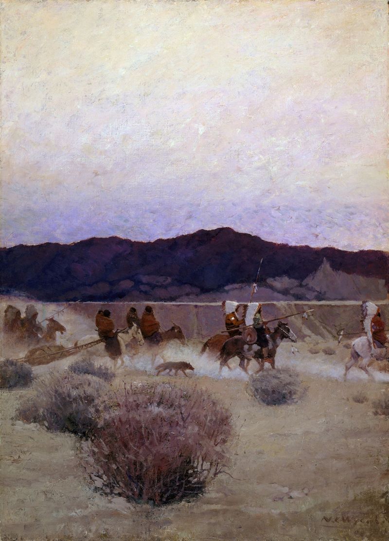 Paisagem com um acampamento à beira da água cintilante ao crepúsculo, pintura a óleo de Newell Convers Wyeth.