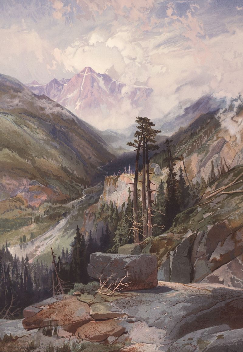 The Mountain of the Holy Cross, oil painting by Thomas Moran, depicts a mountain peak with sunlight and clouds.