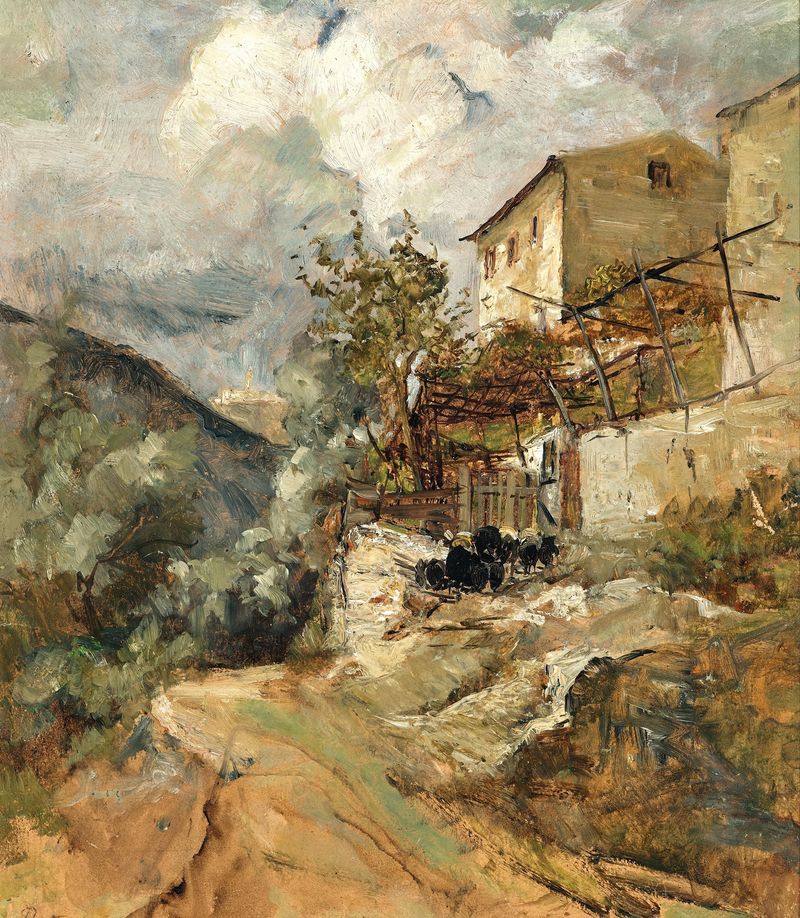 A Southern Landscape with Sheep, óleo sobre lienzo de Marie Egner, con ovejas en la vegetación bajo un cielo suave.