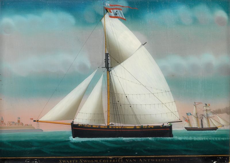 Achterglasschildering de Petrus Cornelis Weyts mostrando a sloep ‘Zwarte Zwolm Courrier van Antwerpen’, meio desconhecido.