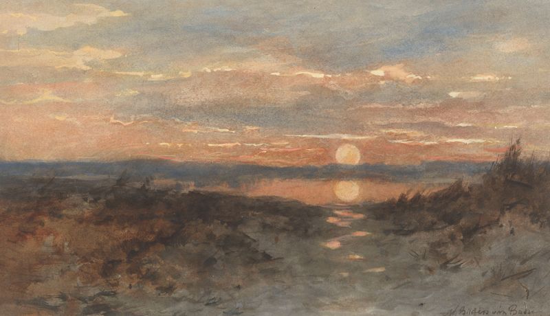 Landschap met zonsondergang by Maria Bilders-van Bosse, oil on canvas depicting a sunset over tranquil waters.
