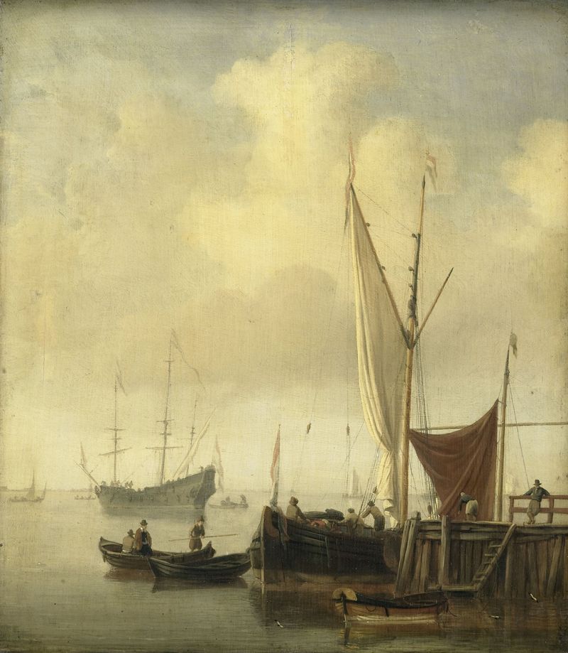 Cena marinha com barcos e reflexos, pintura a óleo de Willem van de Velde o Jovem