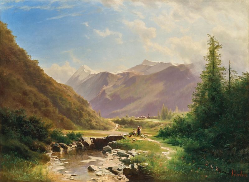 Shepherds resting in a vast mountain landscape, oil on canvas by Leopold Heinrich Vöscher.