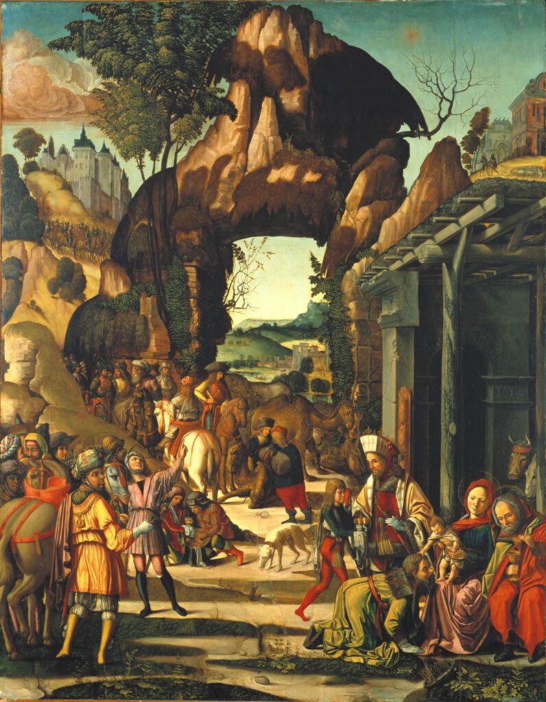 A Adoração dos Magos de Marcello Fogolino, óleo sobre painel representando Magos em um estábulo.