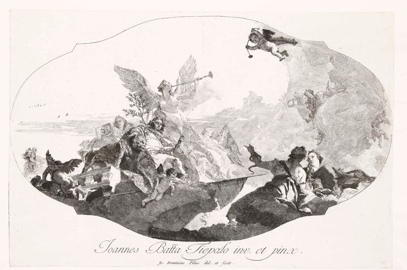 Gravura de Giovanni Domenico Tiepolo mostrando Francesco Barbaro cercado por virtudes