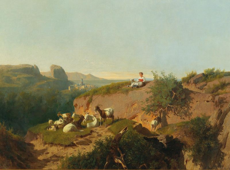 Southern Landscape With Goats And Shepherd, oil on canvas by András Markó, depicting a shepherd with goats in a tranquil landscape.