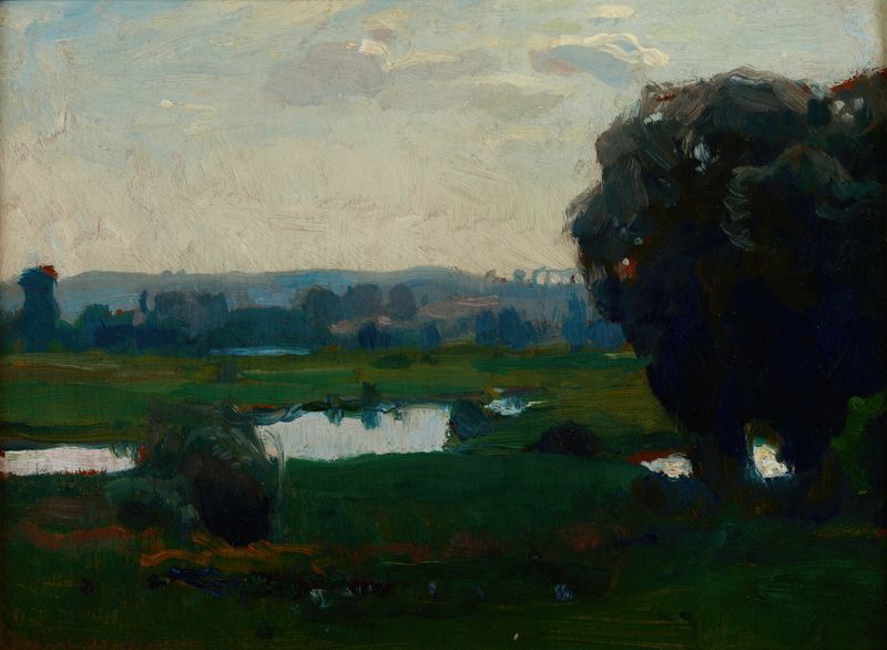 Morning de Jan Stanisławski, óleo sobre lienzo que representa un paisaje al amanecer con suaves pasteles.