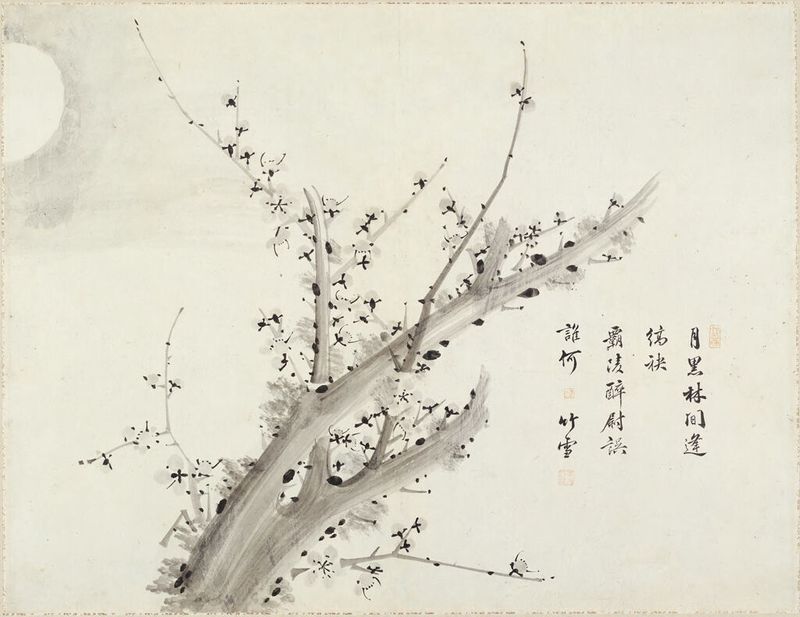 Branch of Old Blossoming Plum Tree under Full Moon, ink on paper by Chuk-sŏl