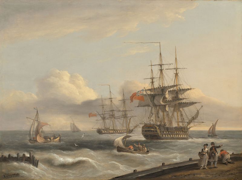 Marine scene with a British ’74’ ship unfurling sails, oil painting by Thomas Luny