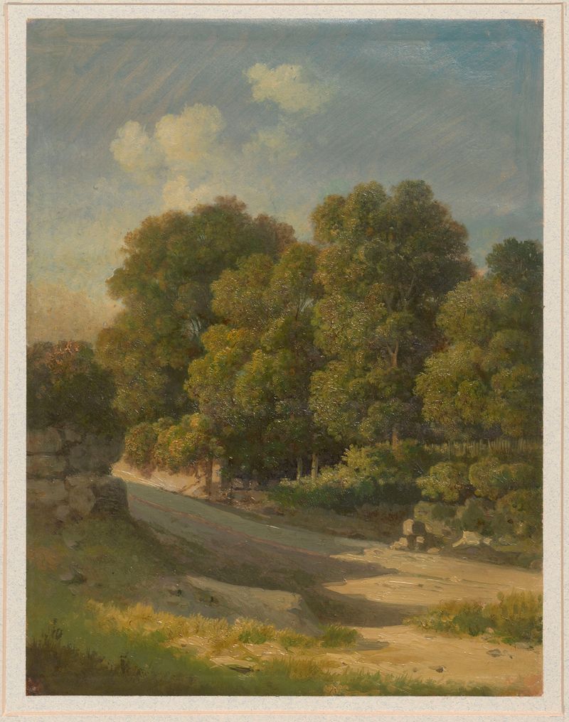 Paisagem com uma estrada entre árvores, pintura a óleo de Arthur Blaschnik